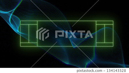 Flowing blue digital mesh wave weaving through neon green wireframe court in virtual cyberspace Flowing blue digital mesh wave weaving through neon green wireframe court in virtual cyberspace 134143328