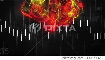Swirling red yellow mesh cloud over trading dashboard with candlestick bars, faint numeric labels Swirling red yellow mesh cloud over trading dashboard with candlestick bars, faint numeric labels 134143329