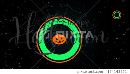 Displaying two neon-green and orange rings glowing in dark design space, with Halloween icons 134143331