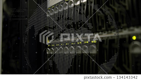 Displaying data center rack holding glowing hard drive bays in server room, with world map overlay 134143342