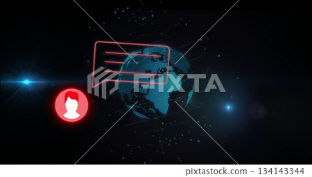 Floating 3D globe in digital network space, with red user avatar, speech bubble and binary digits Floating 3D globe in digital network space, with red user avatar, speech bubble and binary digits 134143344