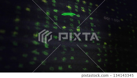 Displaying green code cascade on monitor in dimly lit room, with neon-green arc and binary 0011001 134143345