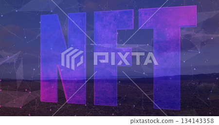 Hovering large translucent NFT letters above barren desert plain, with neon pink network grid 134143358