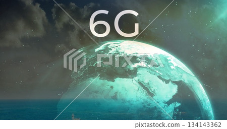Emerging glowing teal Earth globe rising from ocean under dark starry sky, with large 6G text Emerging glowing teal Earth globe rising from ocean under dark starry sky, with large 6G text 134143362