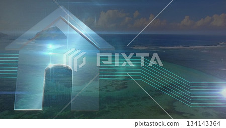 Displaying translucent home icon projecting glowing neon lines over ocean reef, with circuit motif Displaying translucent home icon projecting glowing neon lines over ocean reef, with circuit motif 134143364