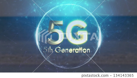 Floating glowing 5G text and 5th Generation label within digital network sphere, with node links Floating glowing 5G text and 5th Generation label within digital network sphere, with node links 134143365