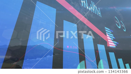 Showing translucent blue bars over coastline with red line, grouped bar and donut charts, hex grid Showing translucent blue bars over coastline with red line, grouped bar and donut charts, hex grid 134143366