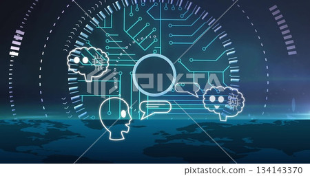 Displaying circuit board motif over virtual world map, with head, AI brain, speech and HUD arcs 134143370