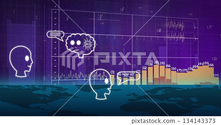 Displaying digital data grid with world map, showing AI head silhouettes and bar charts 134143373