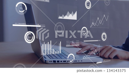 Typing woman wearing dark top on laptop at wooden desk, with floating data overlays, copy space Typing woman wearing dark top on laptop at wooden desk, with floating data overlays, copy space 134143375