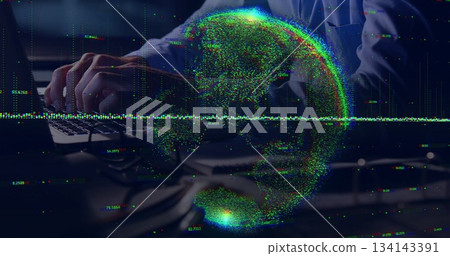 Man wearing business shirt typing on laptop keyboard at office with hologram globe and data streams Man wearing business shirt typing on laptop keyboard at office with hologram globe and data streams 134143391
