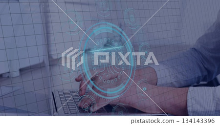 Typing male hands using laptop at office desk, showing digital fingerprint security icons Typing male hands using laptop at office desk, showing digital fingerprint security icons 134143396