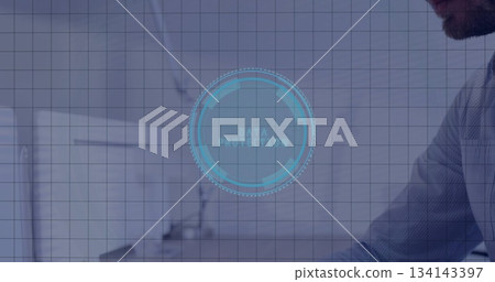 Displaying interface labeled DATA PROTECTION hovering over office desk with computer monitor Displaying interface labeled DATA PROTECTION hovering over office desk with computer monitor 134143397