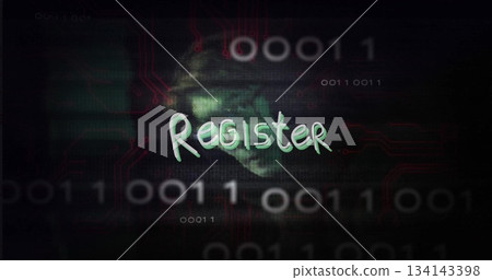 Displaying Register text on screen, showing green fingerprint, binary digits and red traces Displaying Register text on screen, showing green fingerprint, binary digits and red traces 134143398
