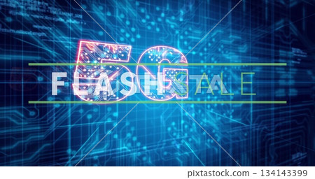 Displaying futuristic 5G text and FLASH SALE banner glowing with neon green lines in digital space 134143399