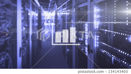 Glowing server cabinets showing LED-lit doors with translucent bar chart in data center, copy space Glowing server cabinets showing LED-lit doors with translucent bar chart in data center, copy space 134143403