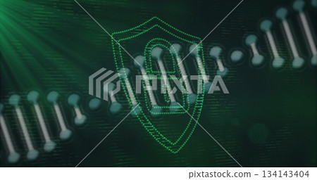 Displaying security chain linking nodes across virtual network grid, with green dotted shield icon Displaying security chain linking nodes across virtual network grid, with green dotted shield icon 134143404