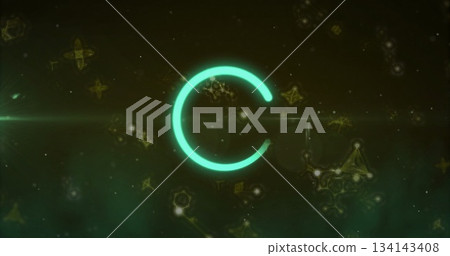 Displaying neon green loading indicator filling on tech interface, with glowing network nodes Displaying neon green loading indicator filling on tech interface, with glowing network nodes 134143408