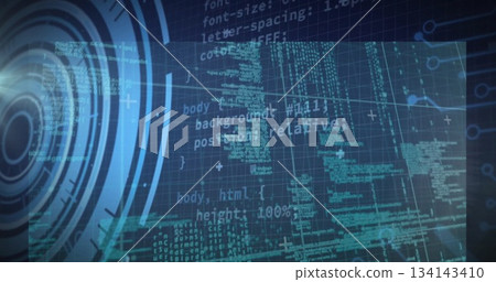 Displaying code panel showing HTML CSS snippets on wireframe grid, with circular HUD and scan-lines Displaying code panel showing HTML CSS snippets on wireframe grid, with circular HUD and scan-lines 134143410