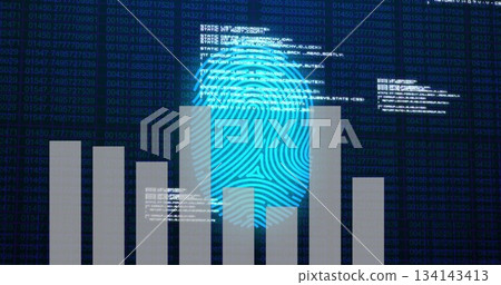 Displaying blue fingerprint overlaying green matrix on dashboard, with code snippets and bars Displaying blue fingerprint overlaying green matrix on dashboard, with code snippets and bars 134143413