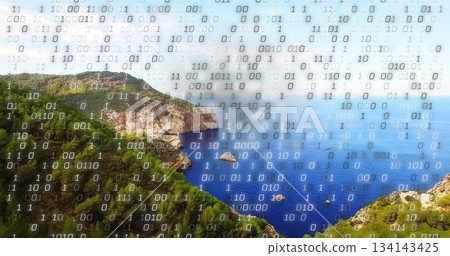 Showing panoramic coastline plunging into deep blue sea at pine clad cliffside, with binary overlay Showing panoramic coastline plunging into deep blue sea at pine clad cliffside, with binary overlay 134143425