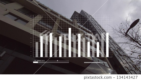 Showcasing high-rise building facade reflecting overcast sky at urban block, with bar chart overlay Showcasing high-rise building facade reflecting overcast sky at urban block, with bar chart overlay 134143427