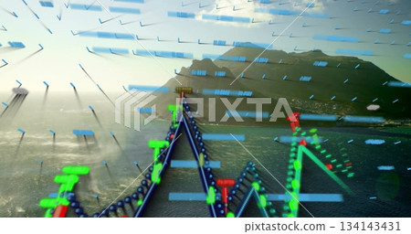 Displaying colorful 3D line chart over sunlit coastal bay, with arrows, nodes and numeric labels Displaying colorful 3D line chart over sunlit coastal bay, with arrows, nodes and numeric labels 134143431