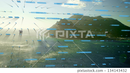 Displaying mountain island rising over ocean seascape, with blue translucent bars and vector arrows 134143432