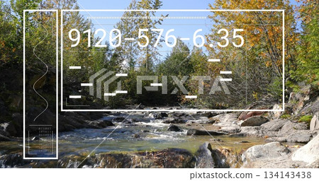 Flowing stream passing over rocks in mountain forest, with UI panel, code and binary digits Flowing stream passing over rocks in mountain forest, with UI panel, code and binary digits 134143438