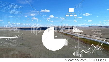 White pie chart icon floating in open farmland, with paved runway, graphs, diagram, code overlays 134143441