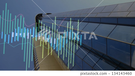 Extending modern skyscraper reflecting sky at downtown street, with overlaid bar and line charts 134143460