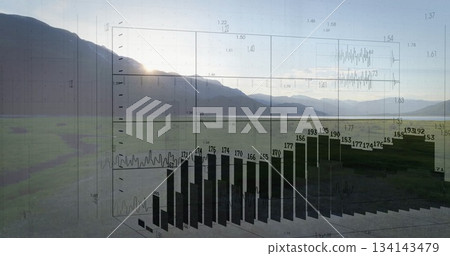 Displaying transparent 3D bar chart floating over grassy valley, with black bars and numeric labels Displaying transparent 3D bar chart floating over grassy valley, with black bars and numeric labels 134143479