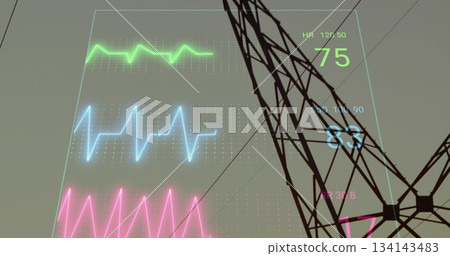 Steel lattice tower projecting holographic waveforms at dawn, with vital sign metrics, power lines 134143483