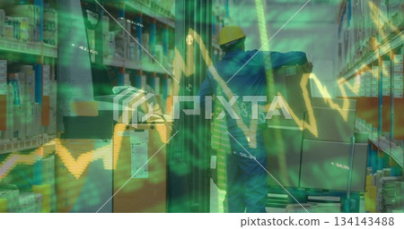 Operating man wearing hard hat coveralls moving in warehouse with forklift, racks and data overlay Operating man wearing hard hat coveralls moving in warehouse with forklift, racks and data overlay 134143488