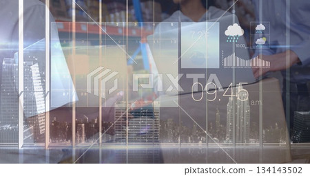 Workers handling cardboard box on shelves at warehouse, overlaying calendar weather time skyline 134143502