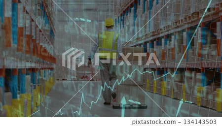Warehouse worker wearing high-vis vest pushing pallet jack in storage aisle, with data overlay Warehouse worker wearing high-vis vest pushing pallet jack in storage aisle, with data overlay 134143503