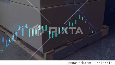 Overlaying blue line graph and green candlesticks on cardboard boxes on wooden pallet in warehouse 134143512