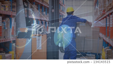 Warehouse worker placing boxes onto shelving in storage aisle, with holographic inventory overlay 134143515