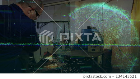Machinist wearing gear cutting workpiece in workshop with sparks flying data overlay, copy space Machinist wearing gear cutting workpiece in workshop with sparks flying data overlay, copy space 134143521