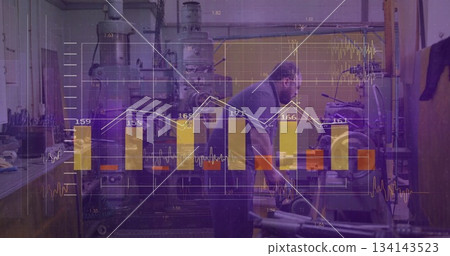 Leaning machinist inspecting milling machine controls on shop floor, with data overlay, copy space Leaning machinist inspecting milling machine controls on shop floor, with data overlay, copy space 134143523