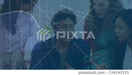 Pointing mature man wearing navy shirt guiding data review in office with laptop displaying charts 134143533