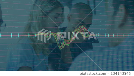 Man in dark shirt and woman in light blouse discussing financial chart with candlesticks in office 134143545