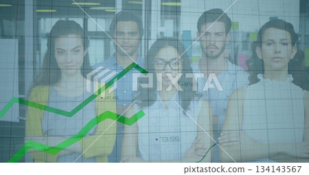 Analyzing green upward graphs, five workers standing behind glass partition at office with post-its 134143567