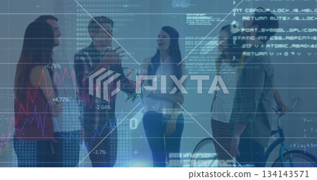 Gesturing team members discussing financial code overlays in office, with bicycle and bouquet 134143571