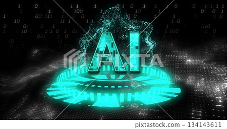 Projecting glowing AI letters hovering above platform in digital data environment, with binary code Projecting glowing AI letters hovering above platform in digital data environment, with binary code 134143611