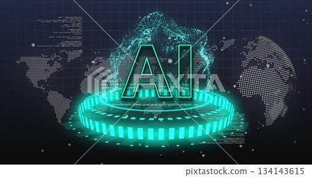 Floating green AI holographic letters over virtual platform, streaming code, map and text particles 134143615