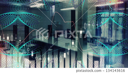Displaying financial data overlays floating over office space, showing candlestick and bar graphs 134143616