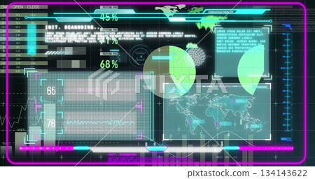 Displaying futuristic data dashboard showing neon progress bars pie charts waveform world map in UI Displaying futuristic data dashboard showing neon progress bars pie charts waveform world map in UI 134143622