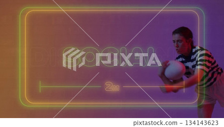 Posing woman wearing sportswear in studio with ball and neon SOCIAL frame marking 2m, copy space Posing woman wearing sportswear in studio with ball and neon SOCIAL frame marking 2m, copy space 134143623