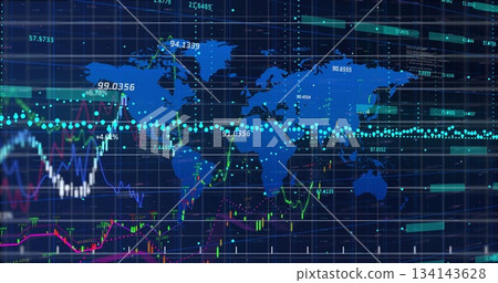 Displaying blue world map overlaying trading screen, with candlestick bars and line graphs 134143628